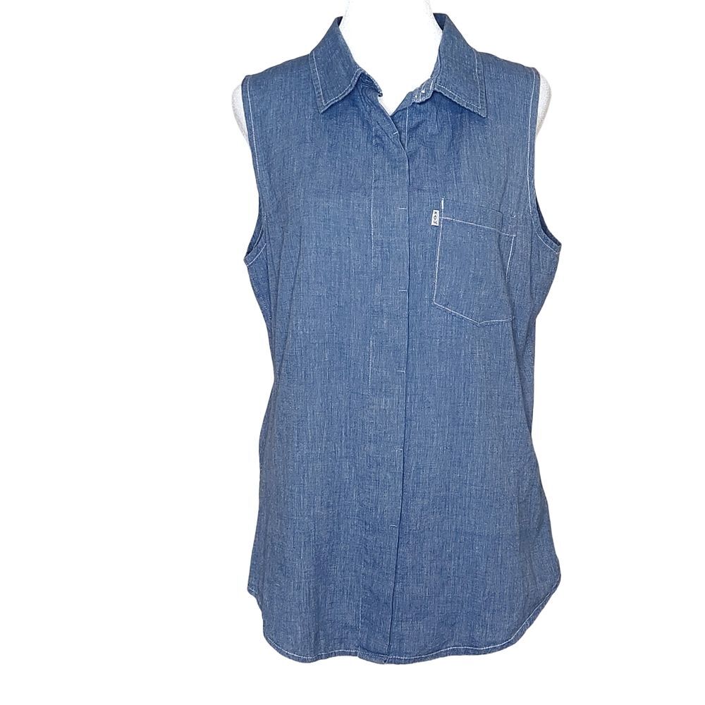 Kavu Denim Button Down Shirt Medium Blue Chambray Sleeveless Coastal Grandma